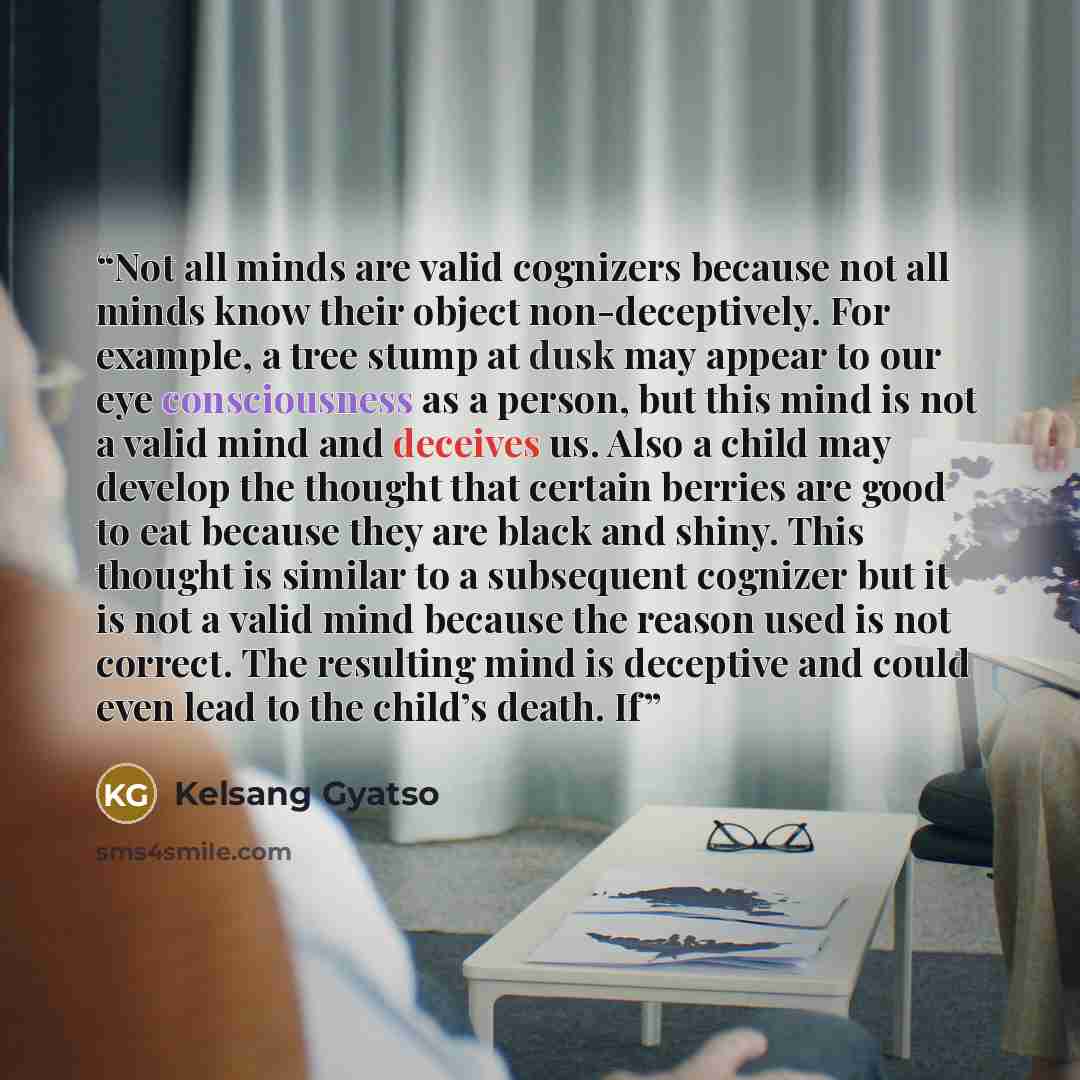 “Not all minds are valid cognizers because not all minds know their object non-deceptively. For example, a tree stump at dusk may appear to our eye consciousness as a person, but this mind is not a valid mind and deceives us. Also a child may develop the thought that certain berries are good to eat…” quote by Kelsang Gyatso