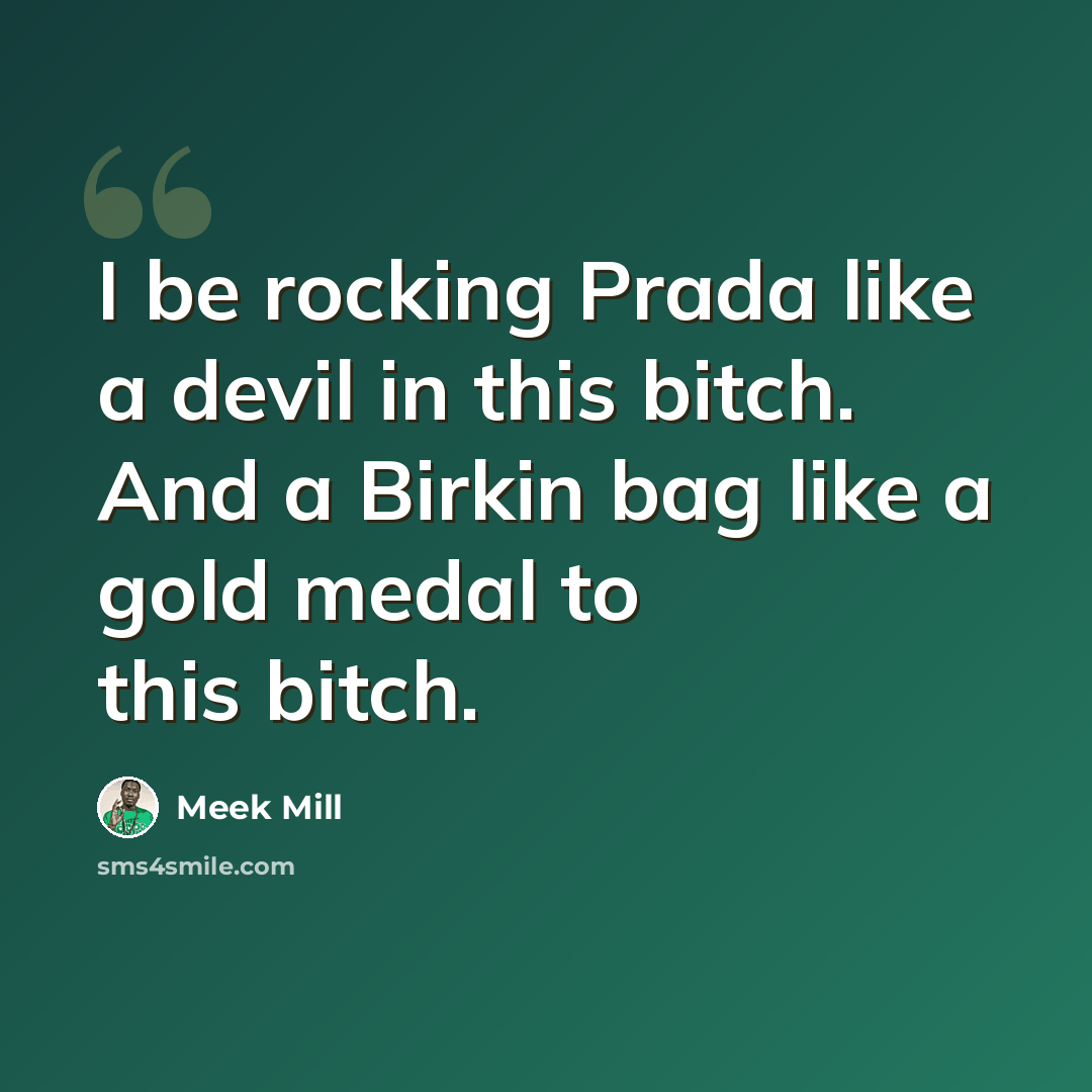 “I be rocking Prada like a devil in this bitch. And a Birkin bag like a gold medal to this bitch.” quote by Meek Mill