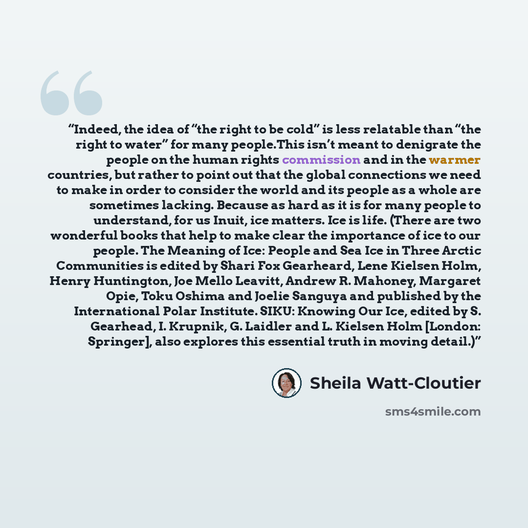 “Indeed, the idea of “the right to be cold” is less relatable than “the right to water” for many people.This isn’t meant to denigrate the people on the human rights commission and in the warmer countries, but rather to point out that the global connections we need to make in order to consider the…” quote by Sheila Watt-Cloutier