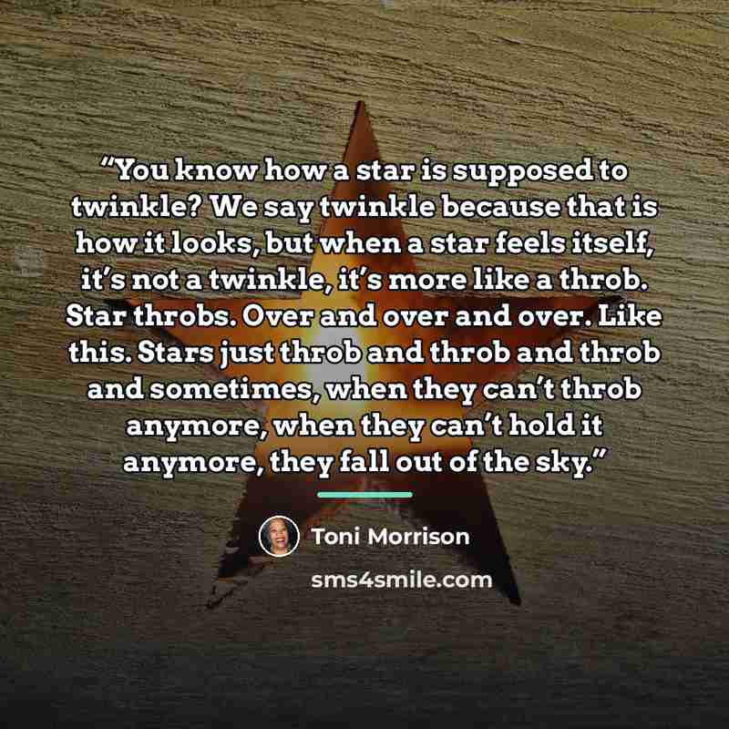 “You know how a star is supposed to twinkle? We say twinkle because that is how it looks, but when a star feels itself, it’s not a twinkle, it’s more like a throb. Star throbs. Over and over and over. Like this. Stars just throb and throb and throb and sometimes, when they can’t throb anymore, when…” quote by Toni Morrison