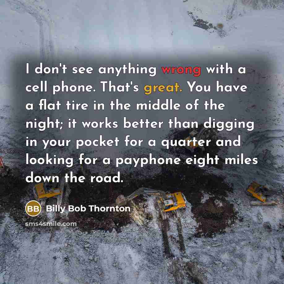 “I don't see anything wrong with a cell phone. That's great. You have a flat tire in the middle of the night; it works better than digging in your pocket for a quarter and looking for a payphone eight miles down the road.” quote by Billy Bob Thornton