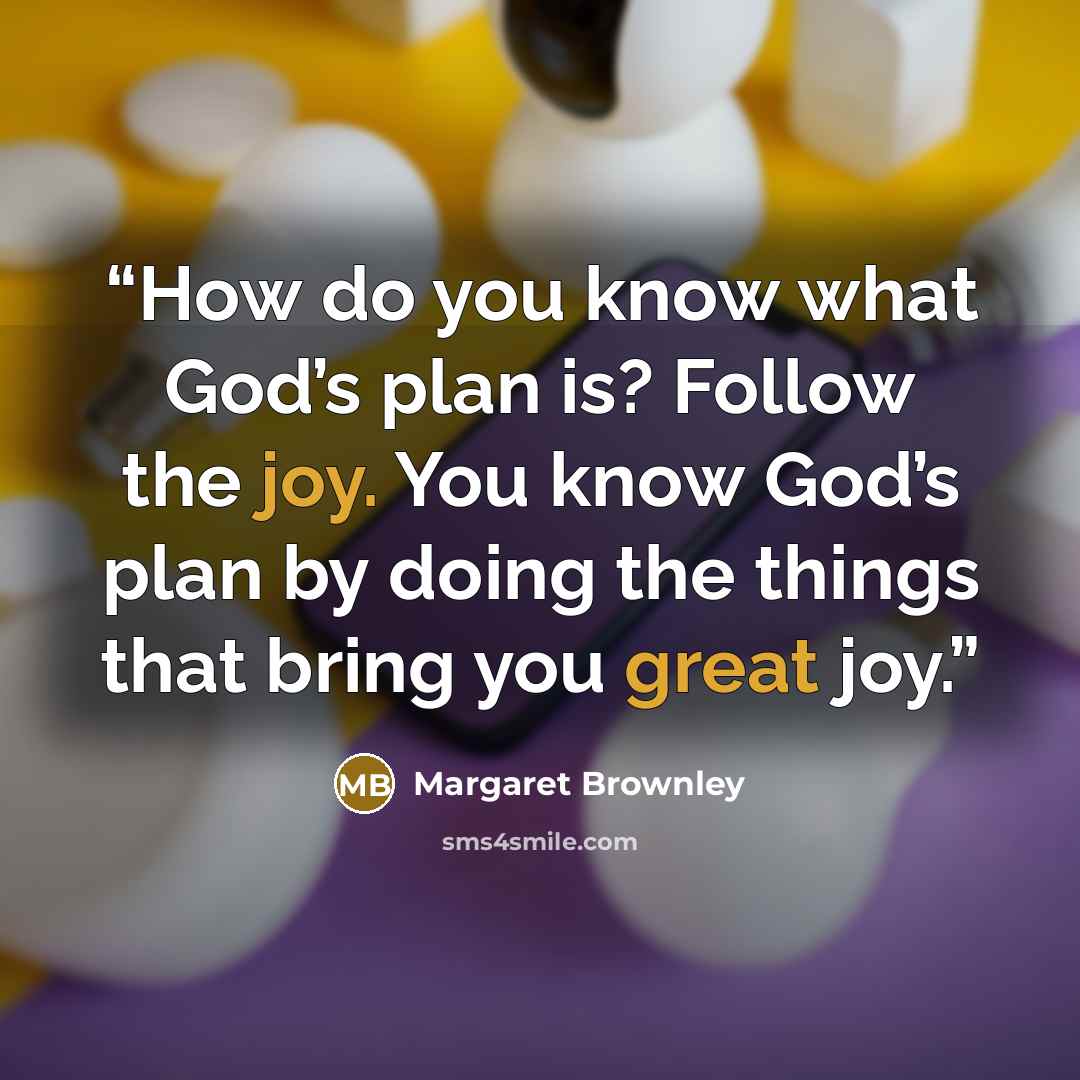 “How do you know what God’s plan is? Follow the joy. You know God’s plan by doing the things that bring you great joy.” quote by Margaret Brownley
