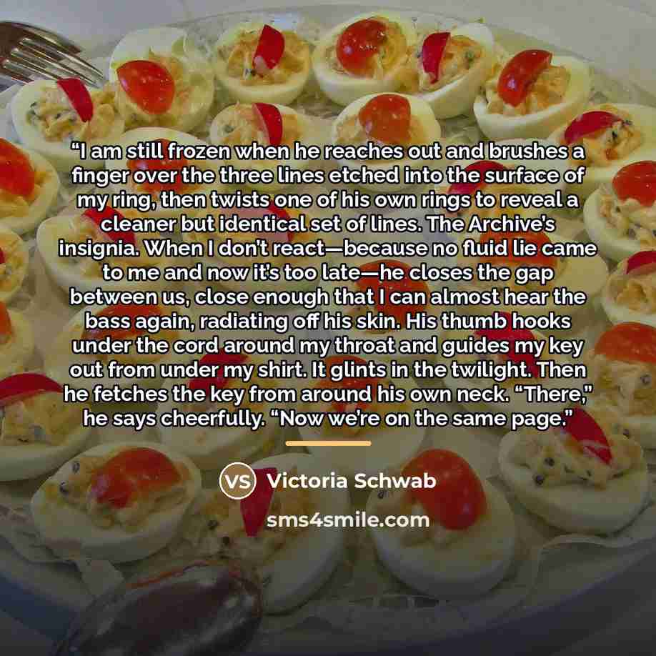 “I am still frozen when he reaches out and brushes a finger over the three lines etched into the surface of my ring, then twists one of his own rings to reveal a cleaner but identical set of lines. The Archive’s insignia. When I don’t react—because no fluid lie came to me and now it’s too late—he…” quote by Victoria Schwab
