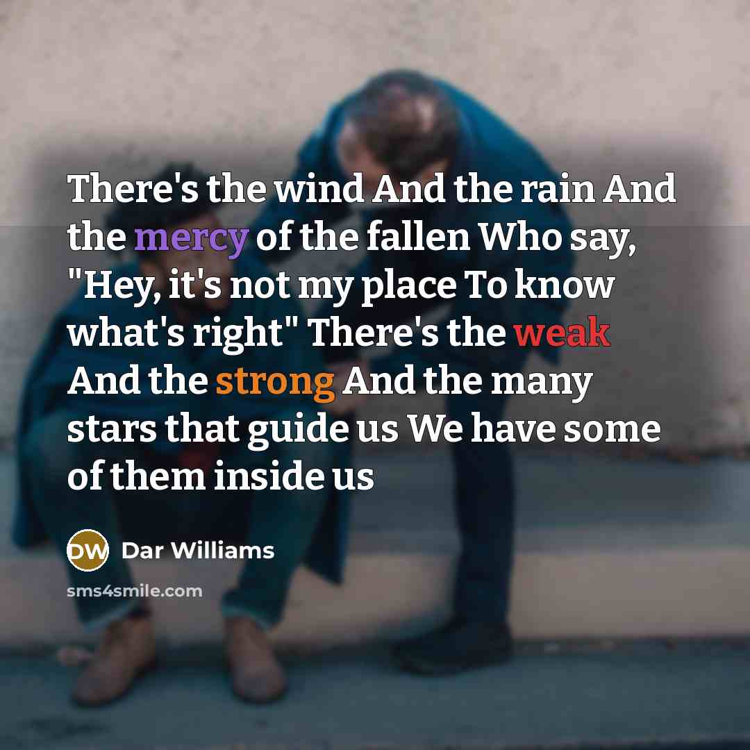 “There's the wind And the rain And the mercy of the fallen Who say, "Hey, it's not my place To know what's right" There's the weak And the strong And the many stars that guide us We have some of them inside us” quote by Dar Williams