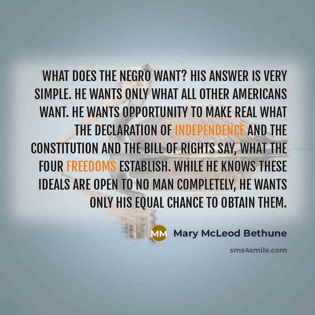 “What does the Negro want? His answer is very simple. He wants only what all other Americans want. He wants opportunity to make real what the Declaration of Independence and the Constitution and the Bill of Rights say, what the Four Freedoms establish. While he knows these ideals are open to no man…” quote by Mary McLeod Bethune