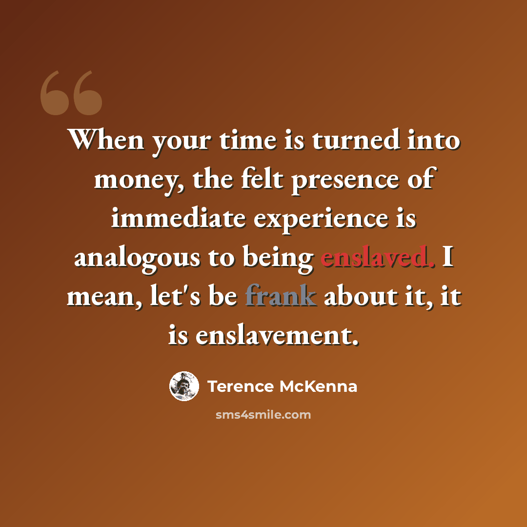 “When your time is turned into money, the felt presence of immediate experience is analogous to being enslaved. I mean, let's be frank about it, it is enslavement.” quote by Terence McKenna