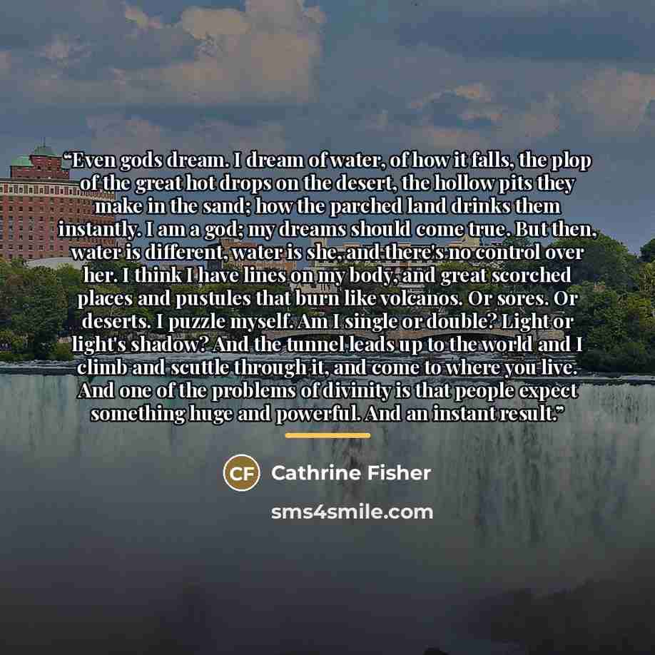 “Even gods dream. I dream of water, of how it falls, the plop of the great hot drops on the desert, the hollow pits they make in the sand; how the parched land drinks them instantly. I am a god; my dreams should come true. But then, water is different, water is she, and there's no control over her…” quote by Cathrine Fisher