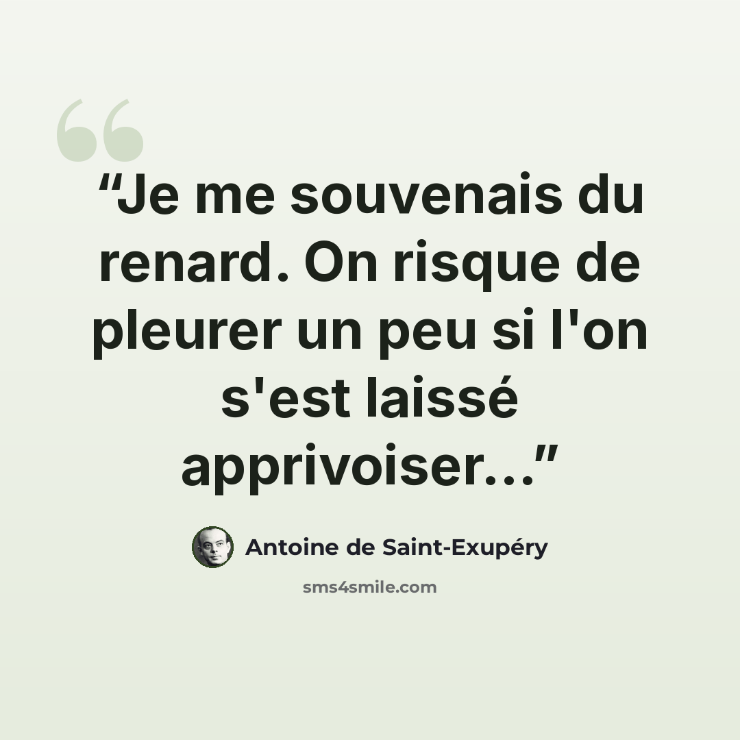 “Je me souvenais du renard. On risque de pleurer un peu si l'on s'est laissé apprivoiser...” quote by Antoine de Saint-Exupéry