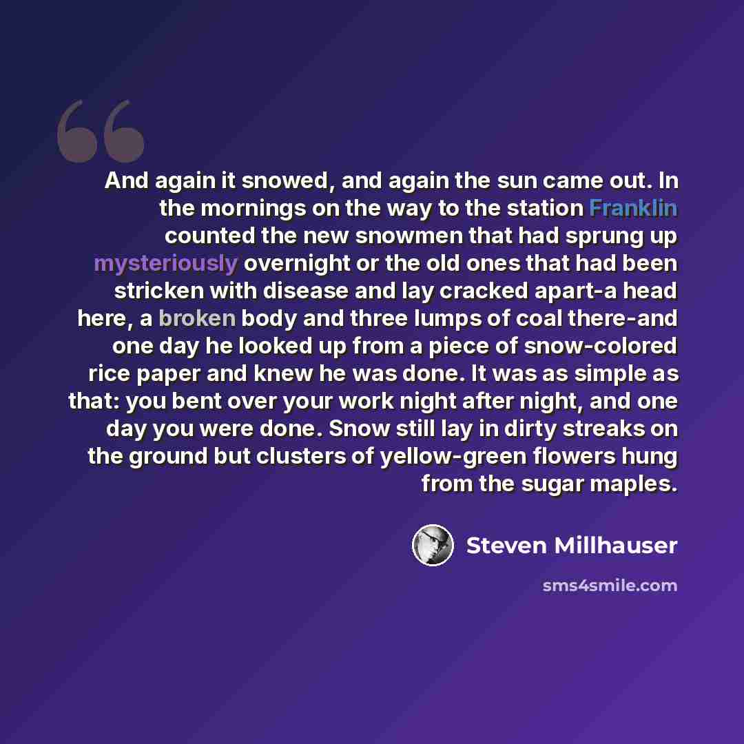 “And again it snowed, and again the sun came out. In the mornings on the way to the station Franklin counted the new snowmen that had sprung up mysteriously overnight or the old ones that had been stricken with disease and lay cracked apart-a head here, a broken body and three lumps of coal…” quote by Steven Millhauser