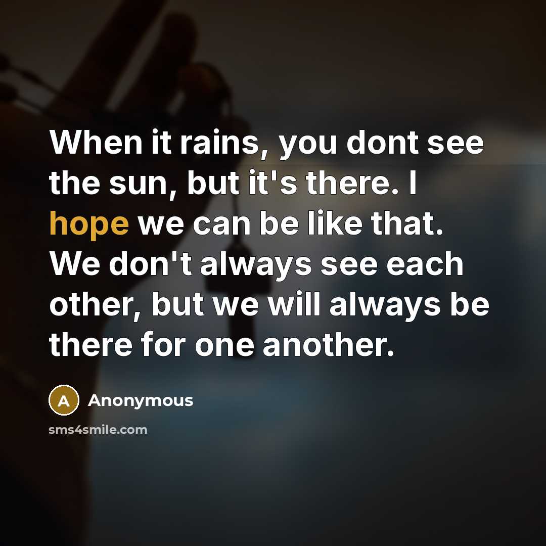 “When it rains, you dont see the sun, but it's there. I hope we can be like that. We don't always see each other, but we will always be there for one another.” quote by Anonymous