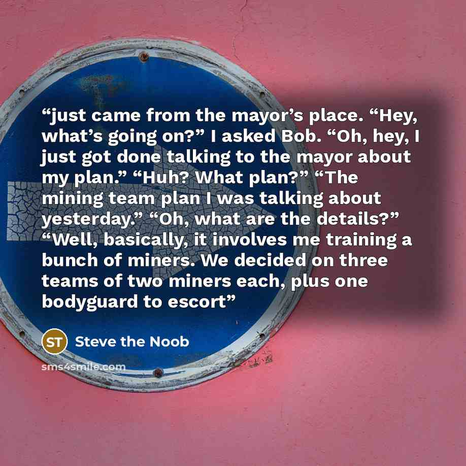 “just came from the mayor’s place. “Hey, what’s going on?” I asked Bob. “Oh, hey, I just got done talking to the mayor about my plan.” “Huh? What plan?” “The mining team plan I was talking about yesterday.” “Oh, what are the details?” “Well, basically, it involves me training a bunch of miners. We…” quote by Steve the Noob