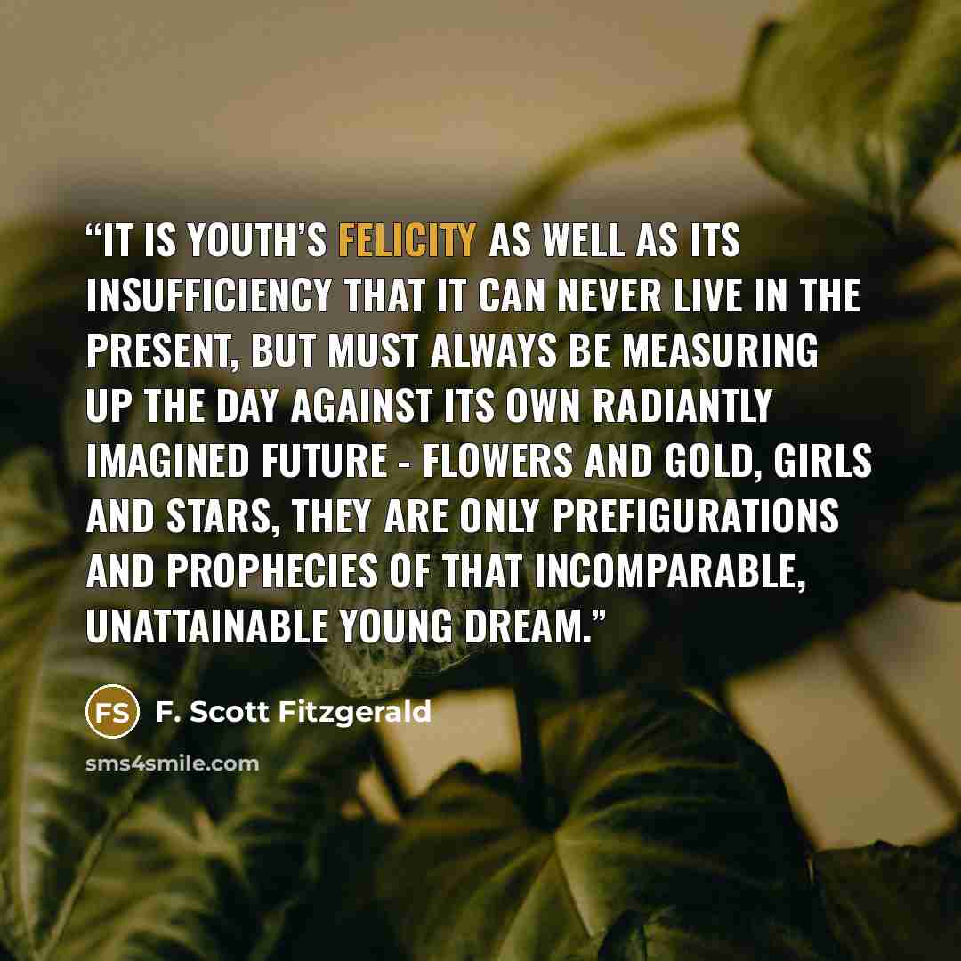 “It is youth’s felicity as well as its insufficiency that it can never live in the present, but must always be measuring up the day against its own radiantly imagined future - flowers and gold, girls and stars, they are only prefigurations and prophecies of that incomparable, unattainable young…” quote by F. Scott Fitzgerald