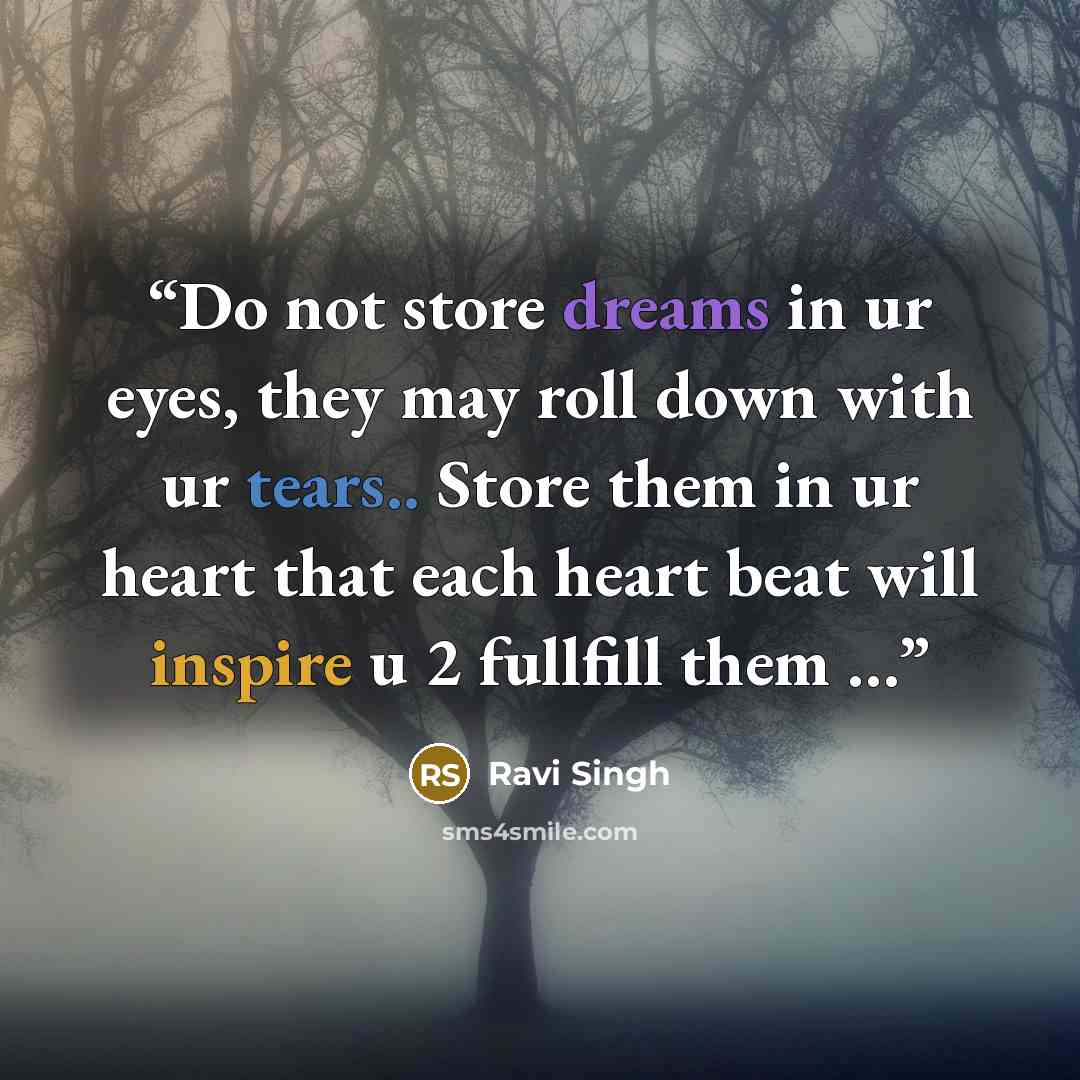“Do not store dreams in ur eyes, they may roll down with ur tears.. Store them in ur heart that each heart beat will inspire u 2 fullfill them …” quote by Ravi Singh
