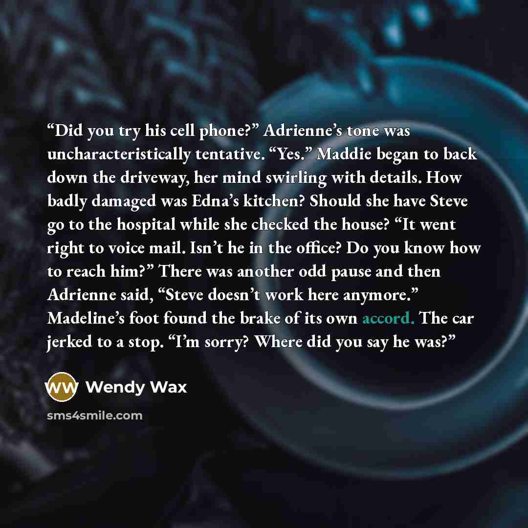 “Did you try his cell phone?” Adrienne’s tone was uncharacteristically tentative. “Yes.” Maddie began to back down the driveway, her mind swirling with details. How badly damaged was Edna’s kitchen? Should she have Steve go to the hospital while she checked the house? “It went right to voice mail…” quote by Wendy Wax
