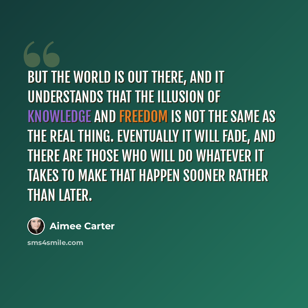“But the world is out there, and it understands that the illusion of knowledge and freedom is not the same as the real thing. Eventually it will fade, and there are those who will do whatever it takes to make that happen sooner rather than later.” quote by Aimee Carter