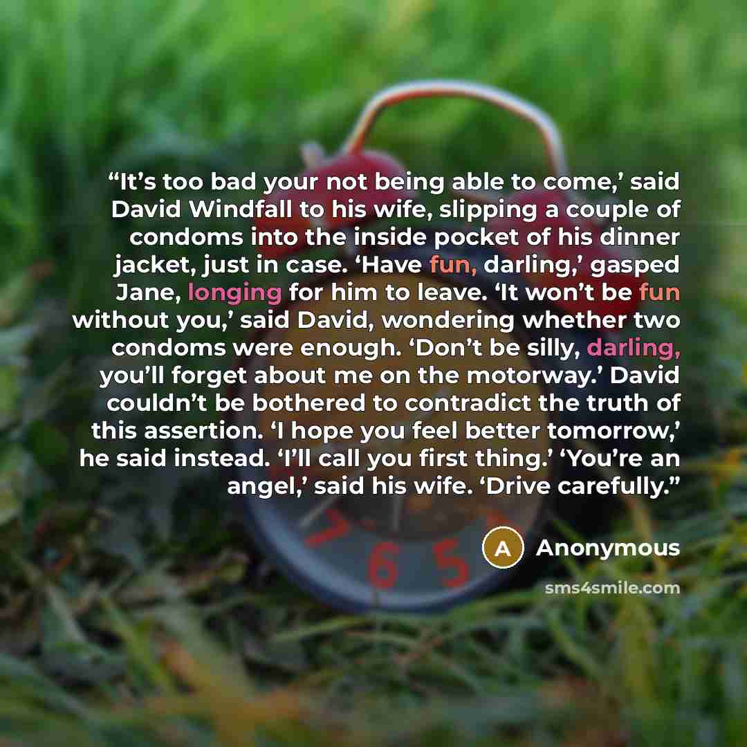 “It’s too bad your not being able to come,’ said David Windfall to his wife, slipping a couple of condoms into the inside pocket of his dinner jacket, just in case. ‘Have fun, darling,’ gasped Jane, longing for him to leave. ‘It won’t be fun without you,’ said David, wondering whether two condoms…” quote by Anonymous
