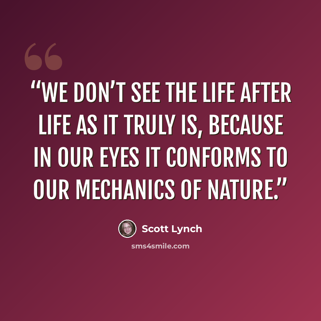“We don’t see the life after life as it truly is, because in our eyes it conforms to our mechanics of nature.” quote by Scott Lynch