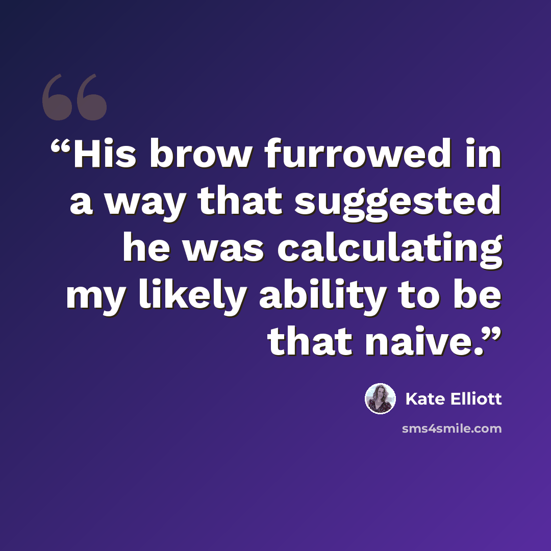 “His brow furrowed in a way that suggested he was calculating my likely ability to be that naive.” quote by Kate Elliott