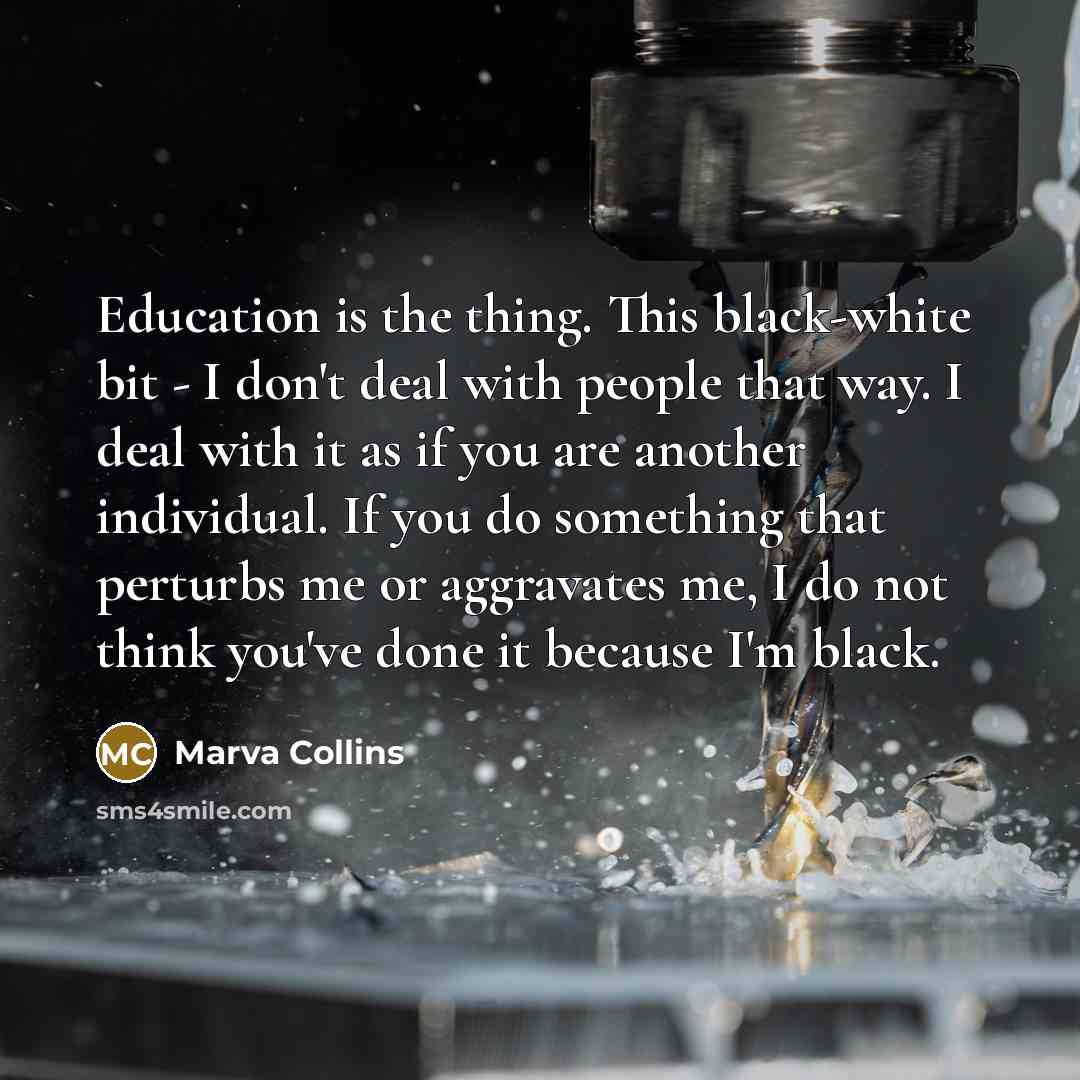 “Education is the thing. This black-white bit - I don't deal with people that way. I deal with it as if you are another individual. If you do something that perturbs me or aggravates me, I do not think you've done it because I'm black.” quote by Marva Collins
