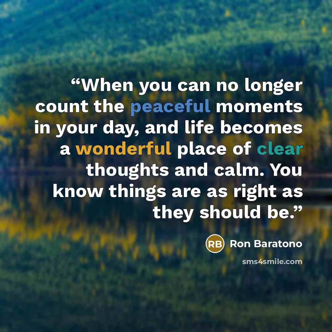 “When you can no longer count the peaceful moments in your day, and life becomes a wonderful place of clear thoughts and calm. You know things are as right as they should be.” quote by Ron Baratono