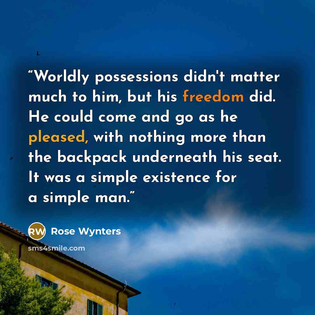 “Worldly possessions didn't matter much to him, but his freedom did. He could come and go as he pleased, with nothing more than the backpack underneath his seat. It was a simple existence for a simple man.” quote by Rose Wynters