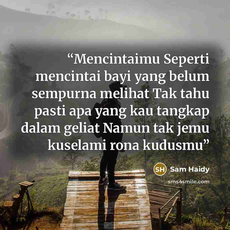 “Mencintaimu Seperti mencintai bayi yang belum sempurna melihat Tak tahu pasti apa yang kau tangkap dalam geliat Namun tak jemu kuselami rona kudusmu” quote by Sam Haidy