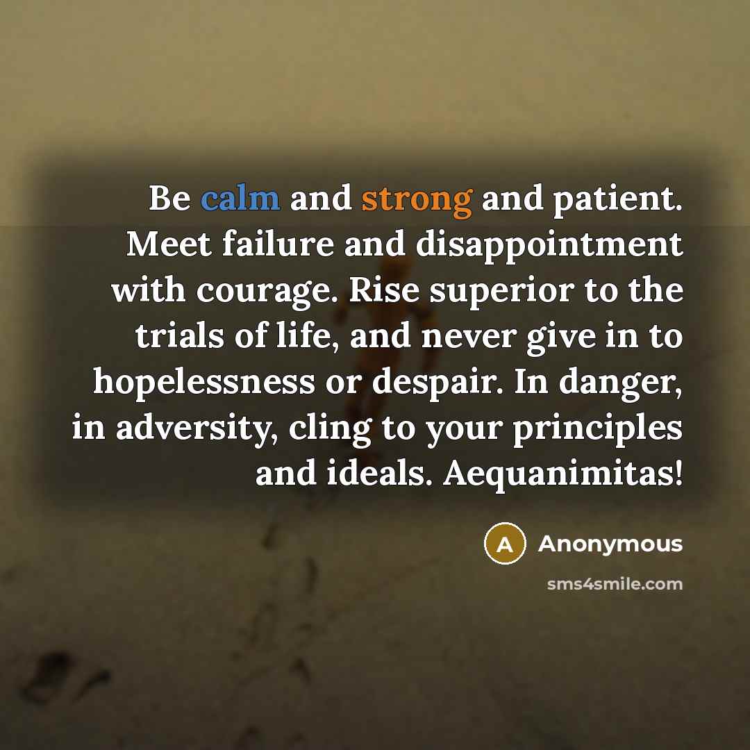 “Be calm and strong and patient. Meet failure and disappointment with courage. Rise superior to the trials of life, and never give in to hopelessness or despair. In danger, in adversity, cling to your principles and ideals. Aequanimitas!” quote by Anonymous