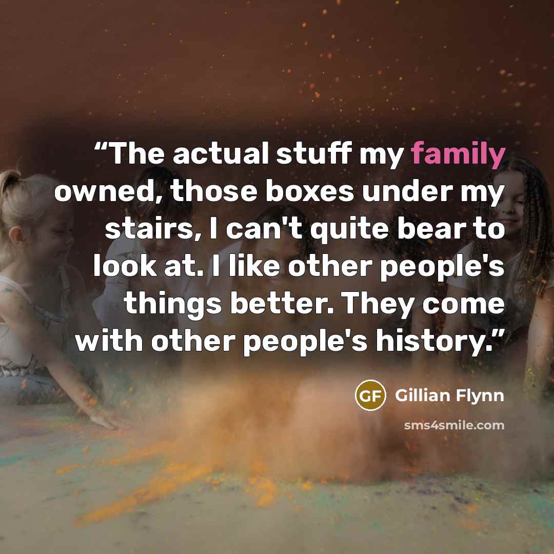“The actual stuff my family owned, those boxes under my stairs, I can't quite bear to look at. I like other people's things better. They come with other people's history.” quote by Gillian Flynn