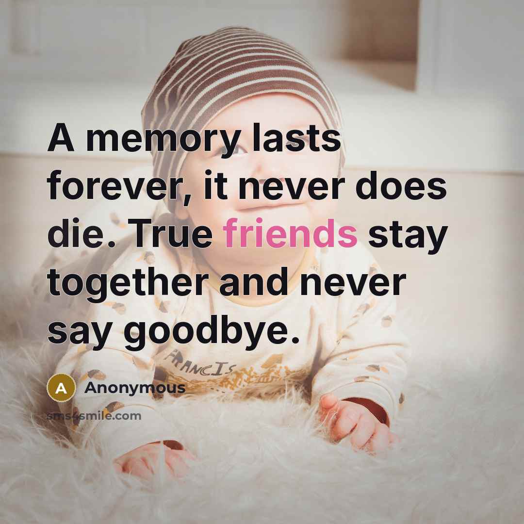 “A memory lasts forever, it never does die. True friends stay together and never say goodbye.” quote by Anonymous
