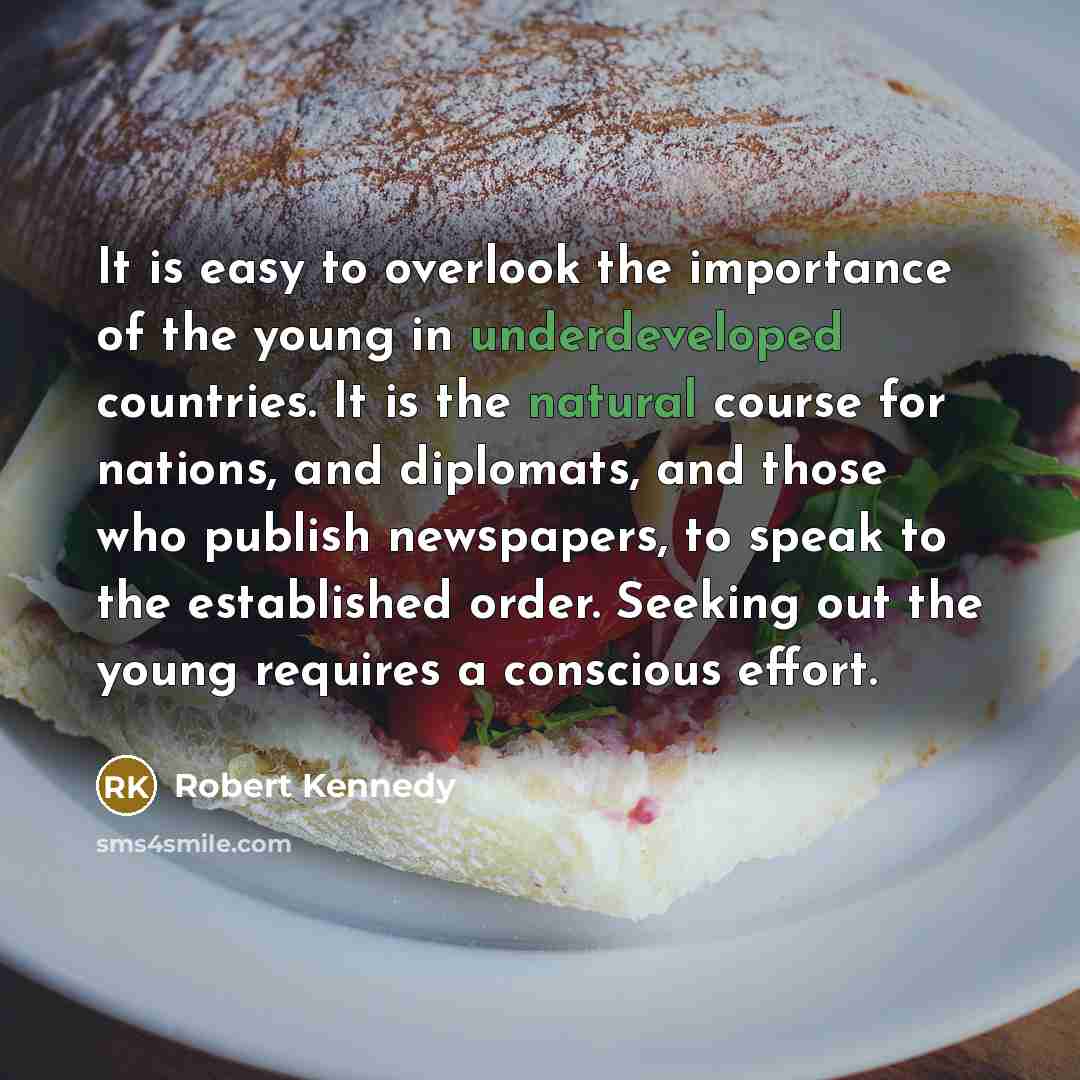 “It is easy to overlook the importance of the young in underdeveloped countries. It is the natural course for nations, and diplomats, and those who publish newspapers, to speak to the established order. Seeking out the young requires a conscious effort.” quote by Robert Kennedy