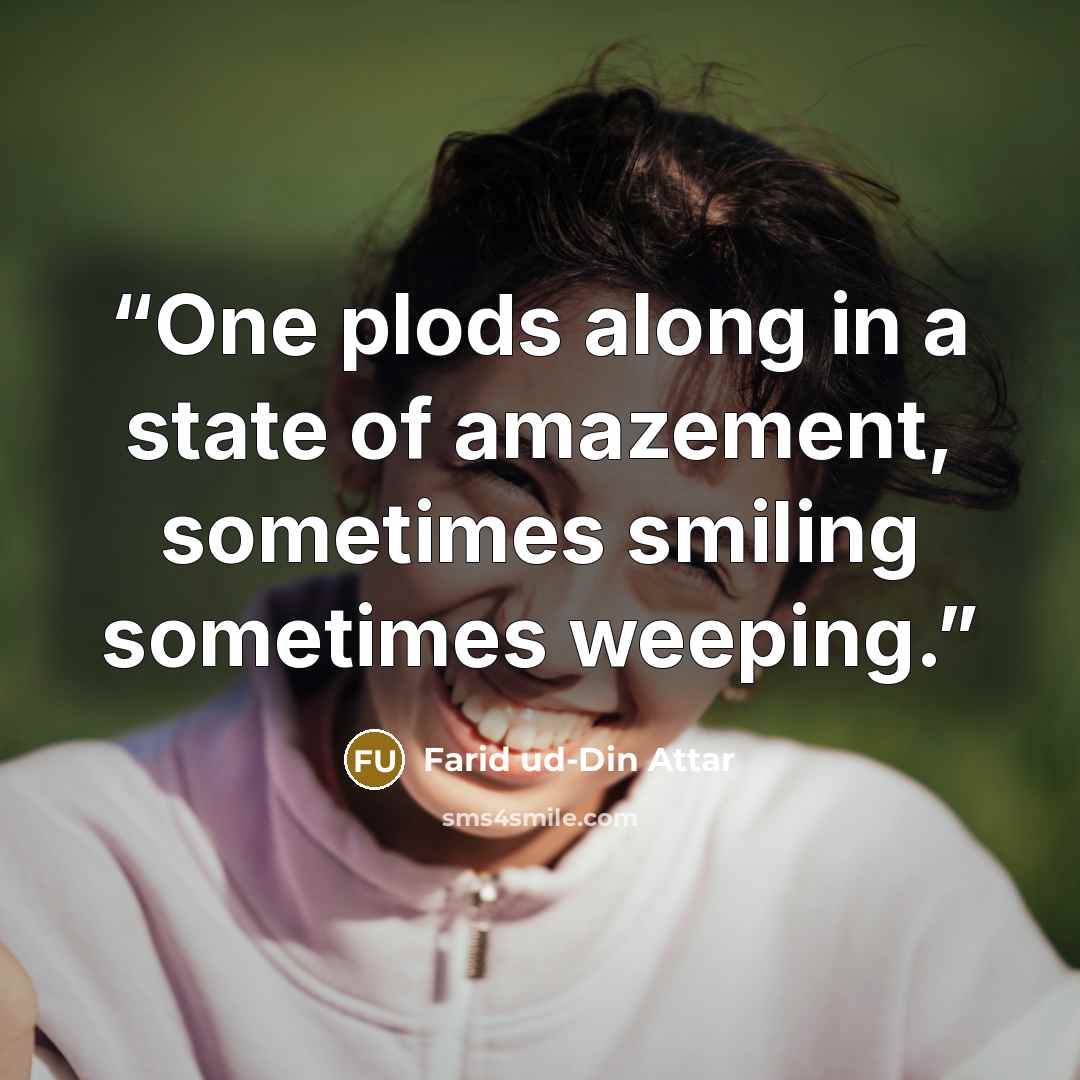 “One plods along in a state of amazement, sometimes smiling sometimes weeping.” quote by Farid ud-Din Attar