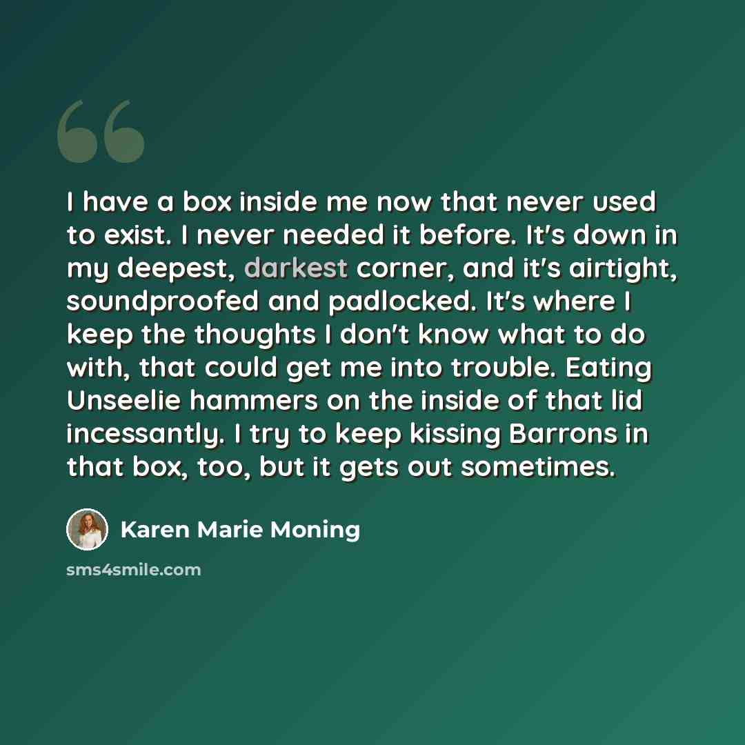 “I have a box inside me now that never used to exist. I never needed it before. It's down in my deepest, darkest corner, and it's airtight, soundproofed and padlocked. It's where I keep the thoughts I don't know what to do with, that could get me into trouble. Eating Unseelie hammers on the inside…” quote by Karen Marie Moning