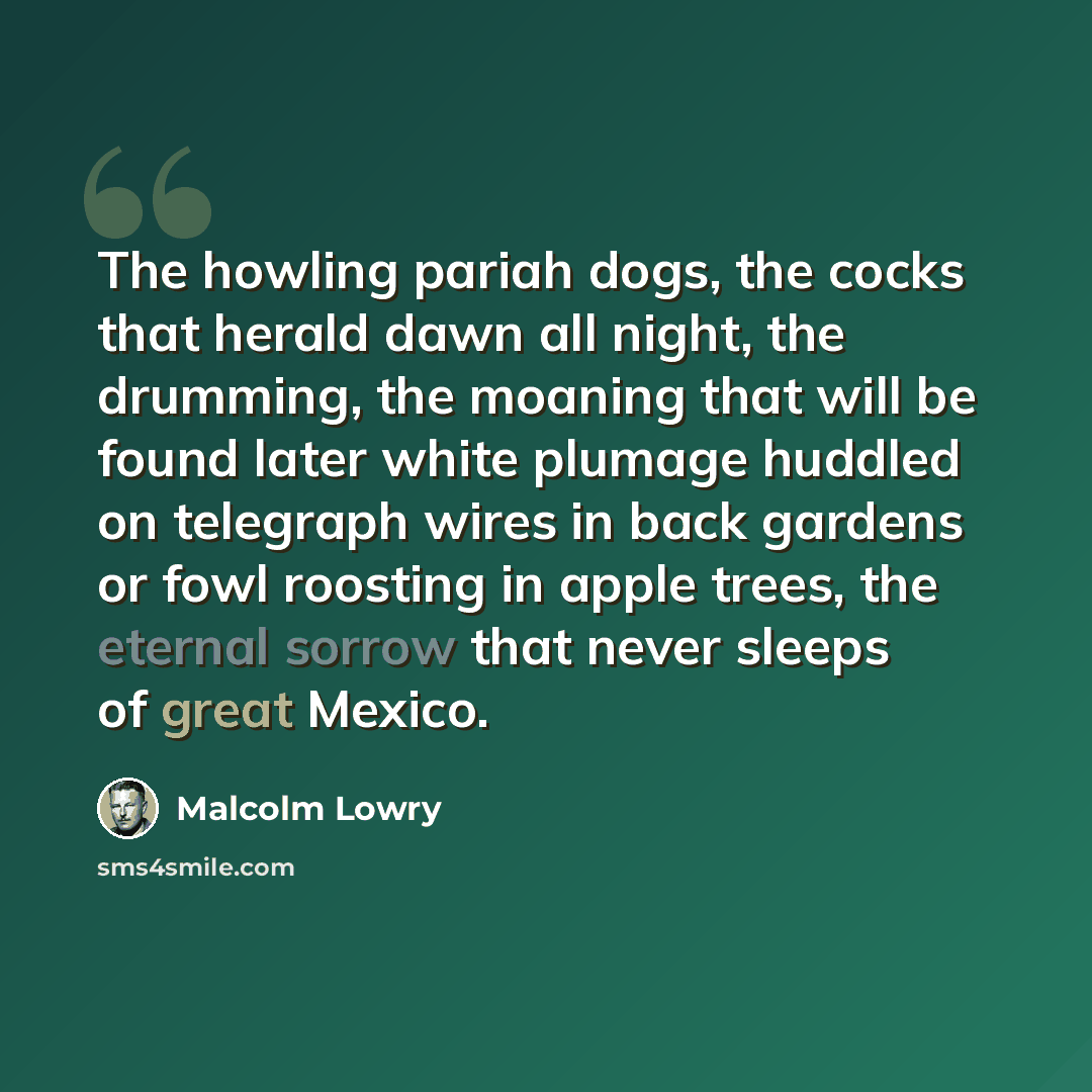 “The howling pariah dogs, the cocks that herald dawn all night, the drumming, the moaning that will be found later white plumage huddled on telegraph wires in back gardens or fowl roosting in apple trees, the eternal sorrow that never sleeps of great Mexico.” quote by Malcolm Lowry