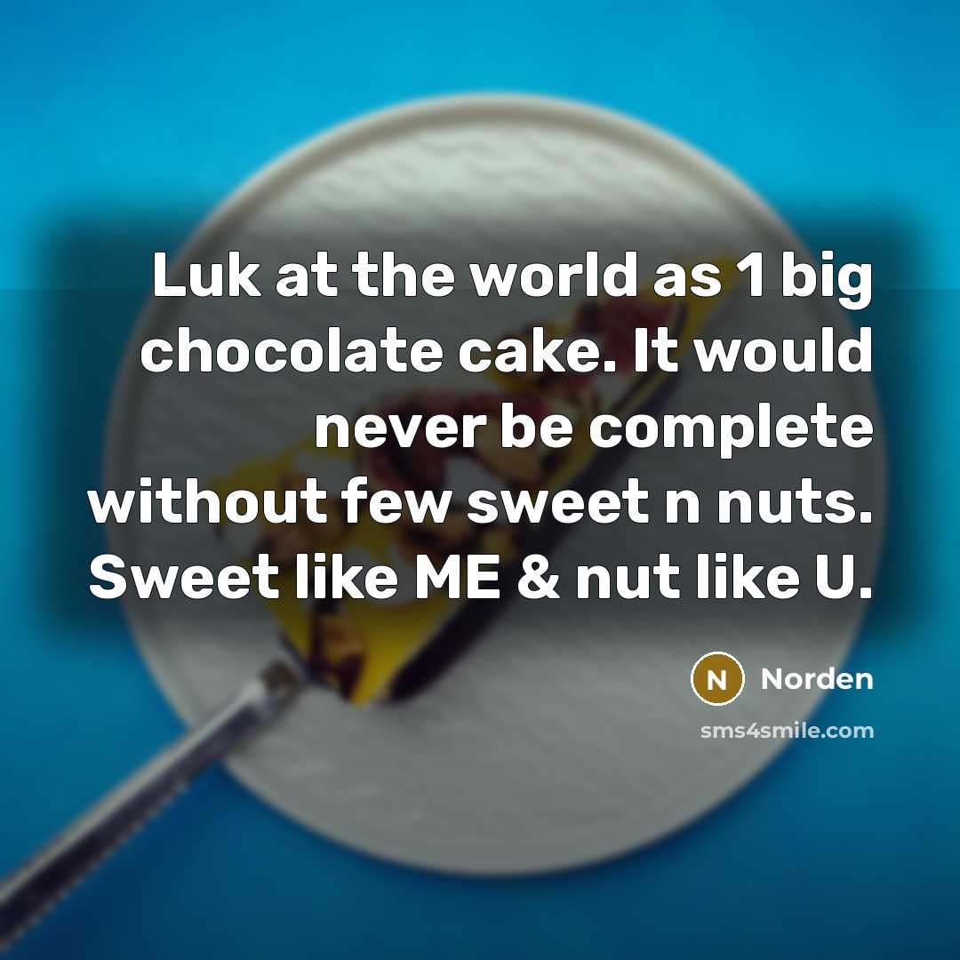 “Luk at the world as 1 big chocolate cake. It would never be complete without few sweet n nuts. Sweet like ME & nut like U.” quote by Norden