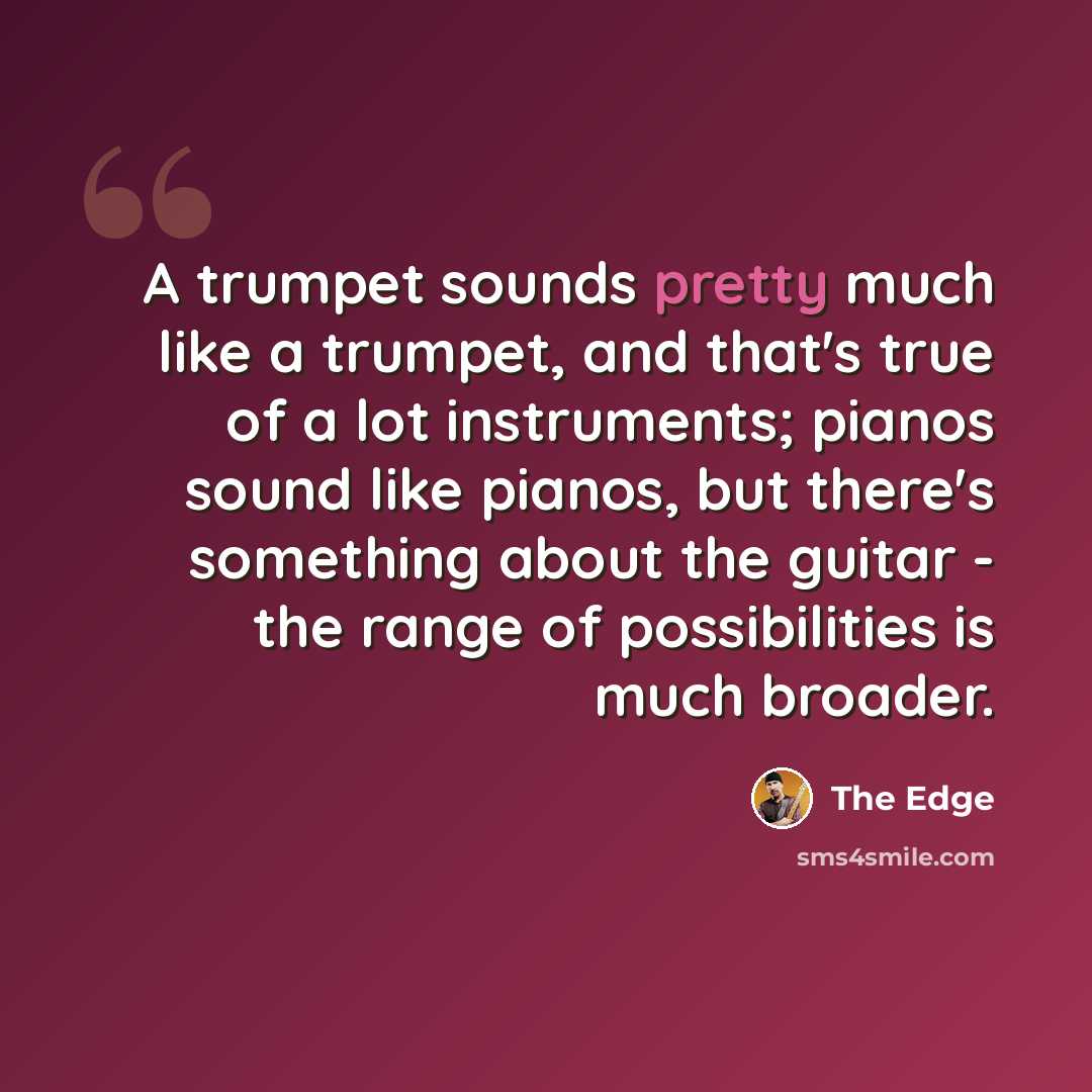 “A trumpet sounds pretty much like a trumpet, and that's true of a lot instruments; pianos sound like pianos, but there's something about the guitar - the range of possibilities is much broader.” quote by The Edge