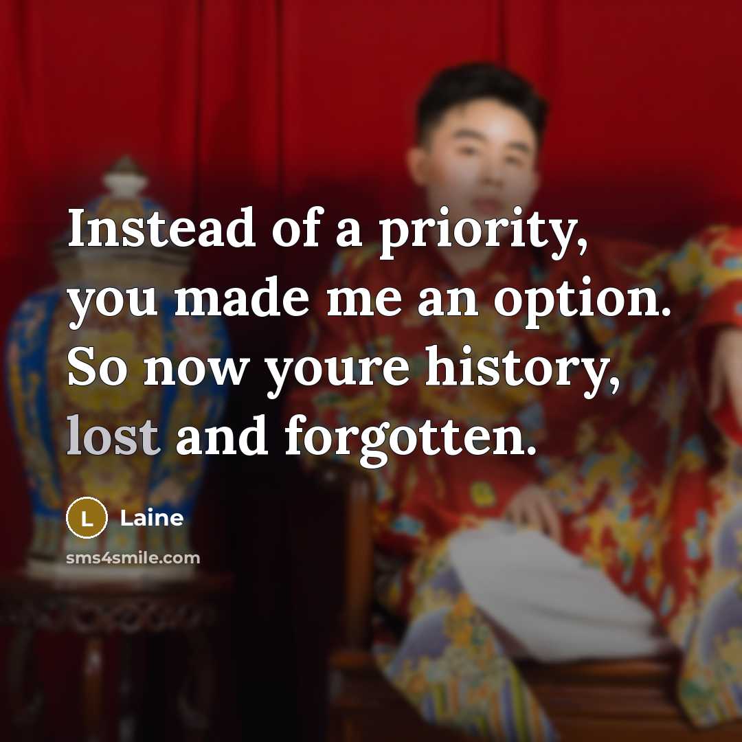 “Instead of a priority, you made me an option. So now youre history, lost and forgotten.” quote by Laine