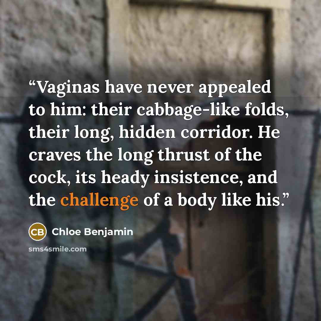 “Vaginas have never appealed to him: their cabbage-like folds, their long, hidden corridor. He craves the long thrust of the cock, its heady insistence, and the challenge of a body like his.” quote by Chloe Benjamin