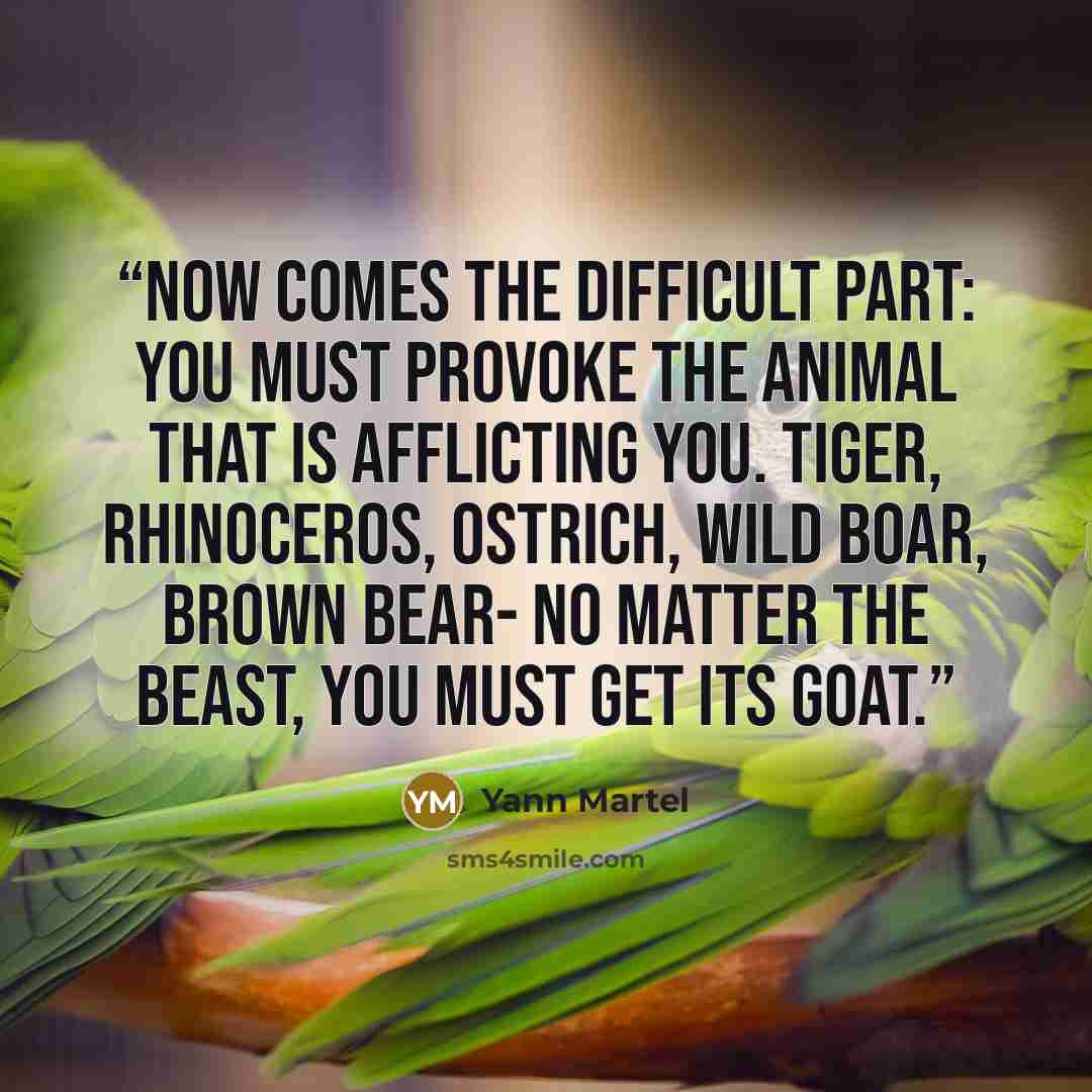 “Now comes the difficult part: you must provoke the animal that is afflicting you. Tiger, rhinoceros, ostrich, wild boar, brown bear- no matter the beast, you must get its goat.” quote by Yann Martel