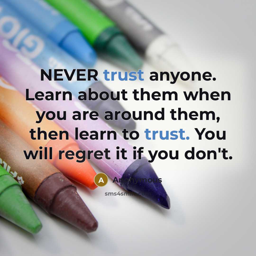 “NEVER trust anyone. Learn about them when you are around them, then learn to trust. You will regret it if you don't.” quote by Anonymous