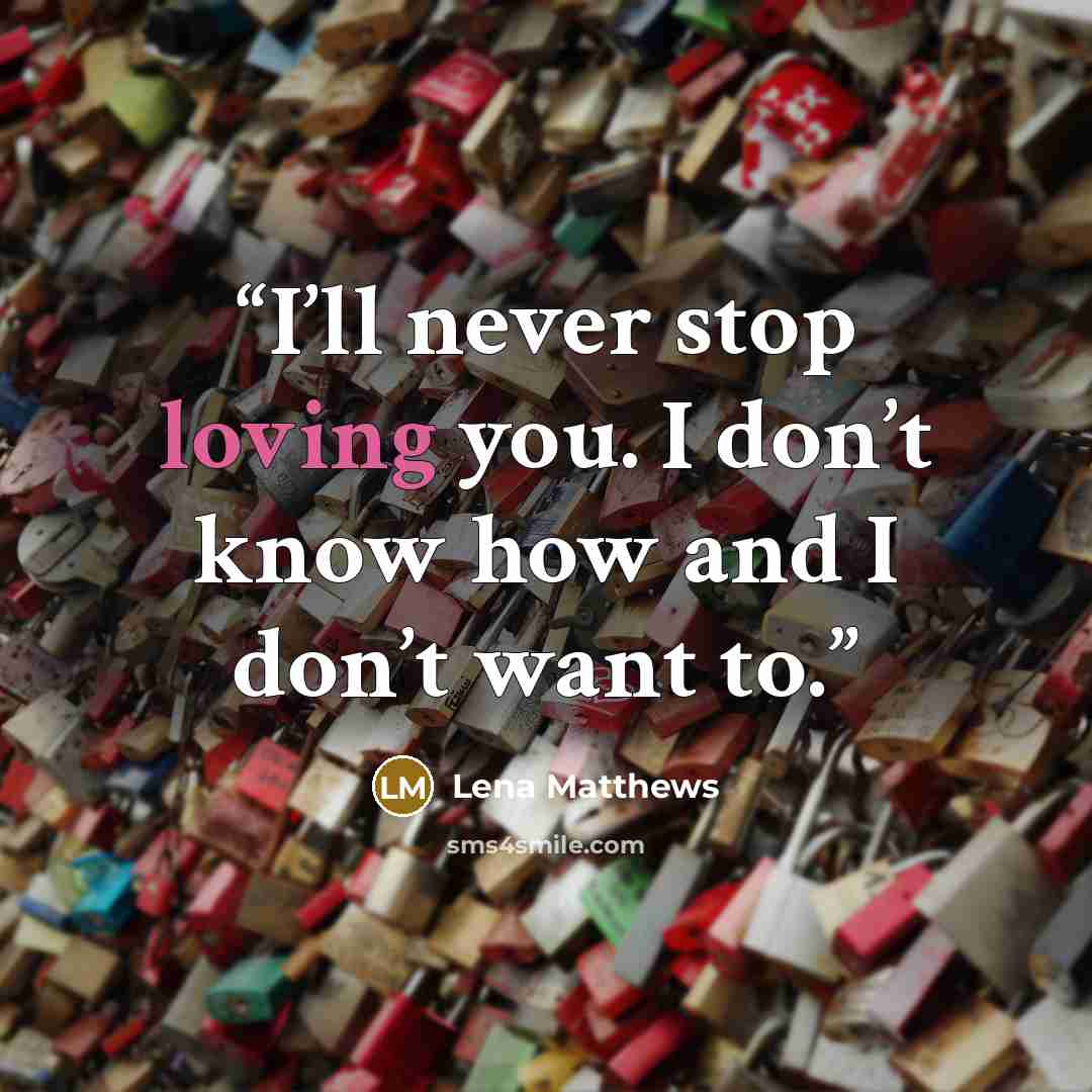 “I’ll never stop loving you. I don’t know how and I don’t want to.” quote by Lena Matthews