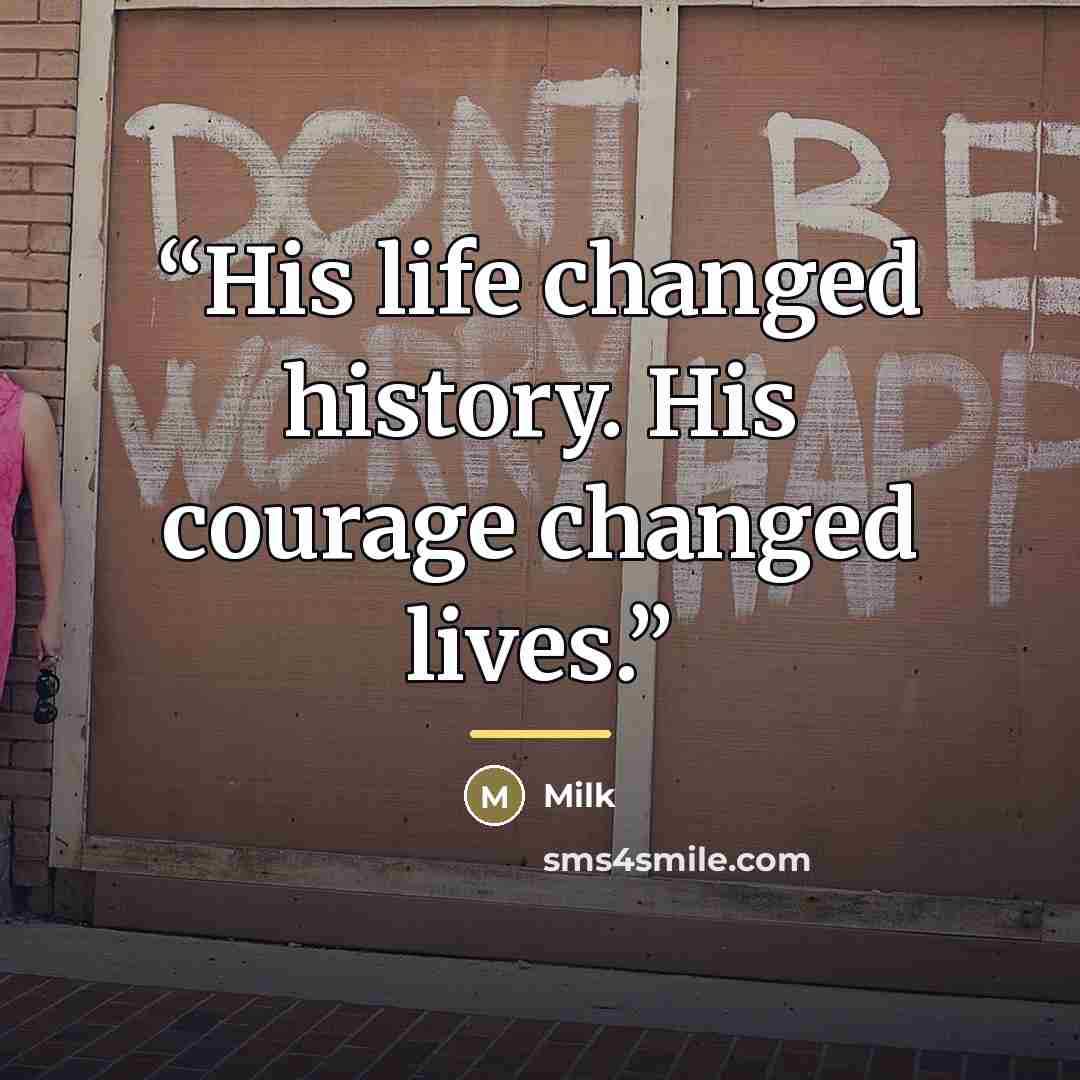 “His life changed history. His courage changed lives.” quote by Milk