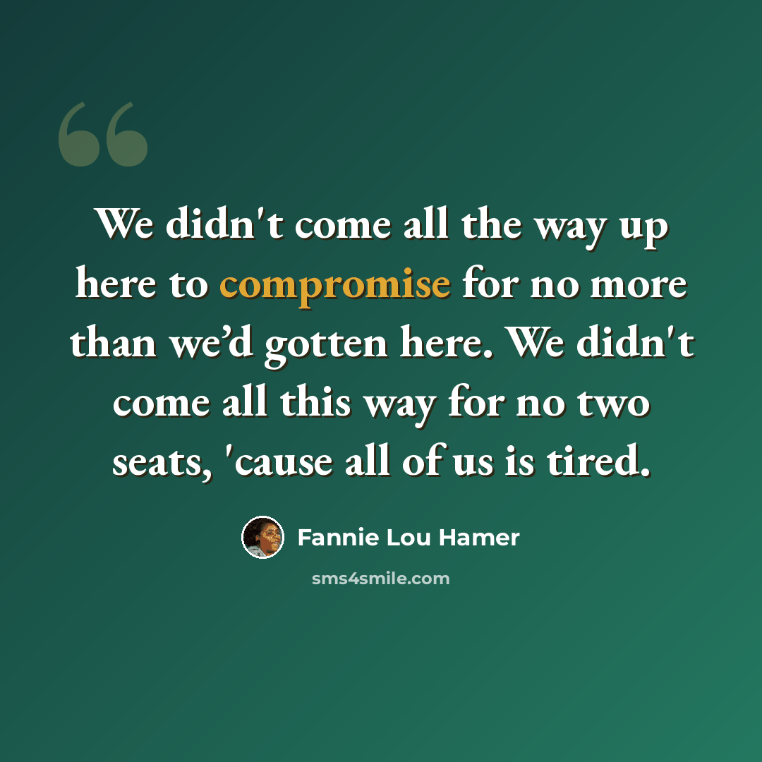 “We didn't come all the way up here to compromise for no more than we’d gotten here. We didn't come all this way for no two seats, 'cause all of us is tired.” quote by Fannie Lou Hamer