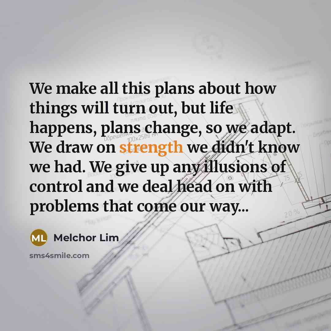 “We make all this plans about how things will turn out, but life happens, plans change, so we adapt. We draw on strength we didn't know we had. We give up any illusions of control and we deal head on with problems that come our way...” quote by Melchor Lim