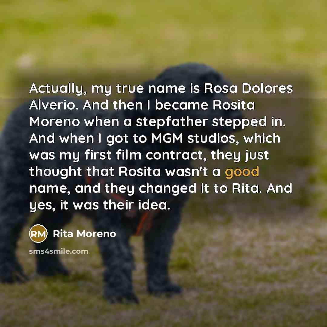“Actually, my true name is Rosa Dolores Alverio. And then I became Rosita Moreno when a stepfather stepped in. And when I got to MGM studios, which was my first film contract, they just thought that Rosita wasn't a good name, and they changed it to Rita. And yes, it was their idea.” quote by Rita Moreno