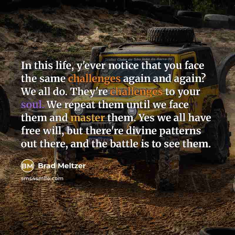 “In this life, y'ever notice that you face the same challenges again and again? We all do. They're challenges to your soul. We repeat them until we face them and master them. Yes we all have free will, but there're divine patterns out there, and the battle is to see them.” quote by Brad Meltzer