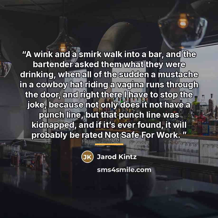“A wink and a smirk walk into a bar, and the bartender asked them what they were drinking, when all of the sudden a mustache in a cowboy hat riding a vagina runs through the door, and right there I have to stop the joke, because not only does it not have a punch line, but that punch line was…” quote by Jarod Kintz