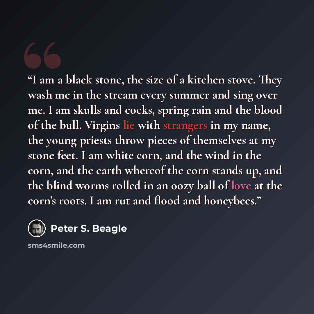 “I am a black stone, the size of a kitchen stove. They wash me in the stream every summer and sing over me. I am skulls and cocks, spring rain and the blood of the bull. Virgins lie with strangers in my name, the young priests throw pieces of themselves at my stone feet. I am white corn, and the…” quote by Peter S. Beagle