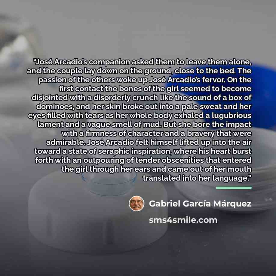 “José Arcadio’s companion asked them to leave them alone, and the couple lay down on the ground, close to the bed. The passion of the others woke up José Arcadio’s fervor. On the first contact the bones of the girl seemed to become disjointed with a disorderly crunch like the sound of a box of…” quote by Gabriel García Márquez