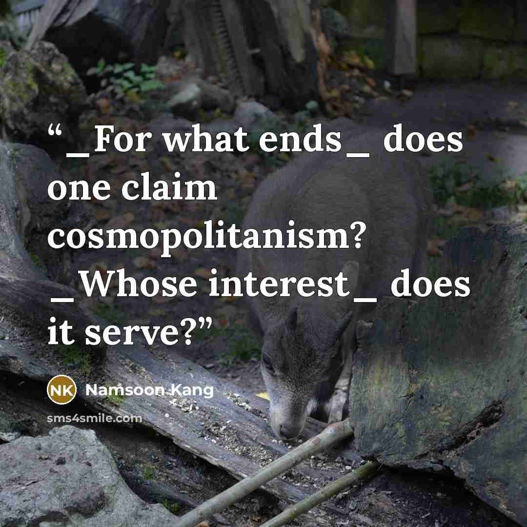 “_For what ends_ does one claim cosmopolitanism? _Whose interest_ does it serve?” quote by Namsoon Kang