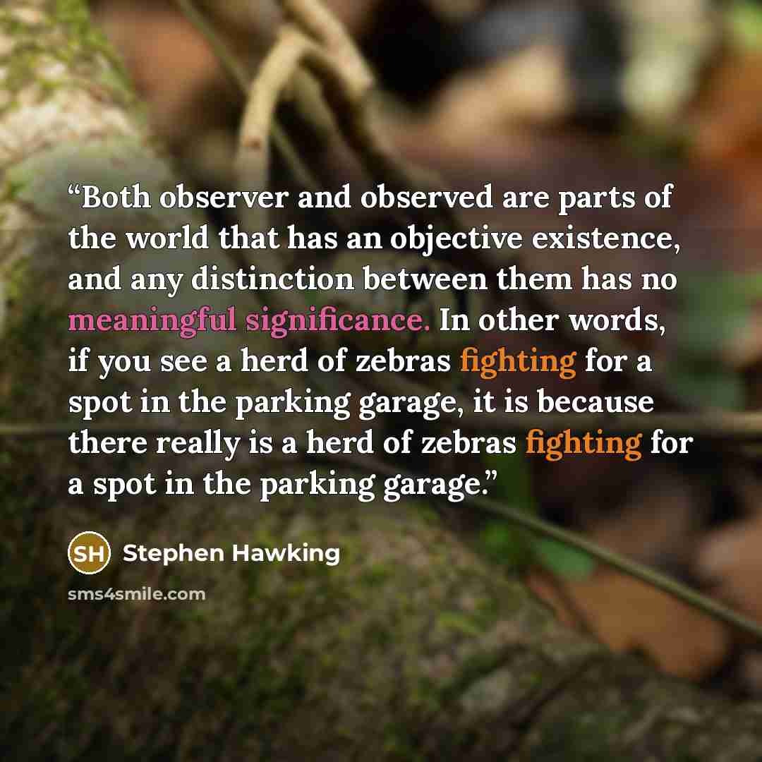 “Both observer and observed are parts of the world that has an objective existence, and any distinction between them has no meaningful significance. In other words, if you see a herd of zebras fighting for a spot in the parking garage, it is because there really is a herd of zebras fighting for a…” quote by Stephen Hawking